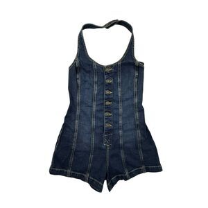 NEW American Eagle Halter Denim Romper Women XS Blue Button Front 70s Retro